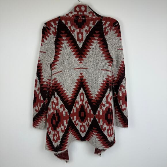 Quinn Womens Long Sleeve Knit Aztec Ethnic Open Cardigan Red/Grey Sweater Small - Picture 2 of 9